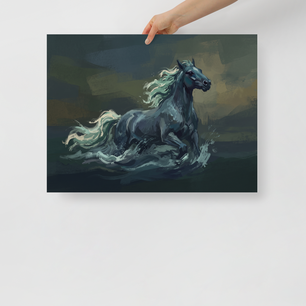 'Kelpie of the Dark Loch', a Symbolism wall art print. A moody painting of a dark kelpie water horse galloping through sea foam in a bedroom.