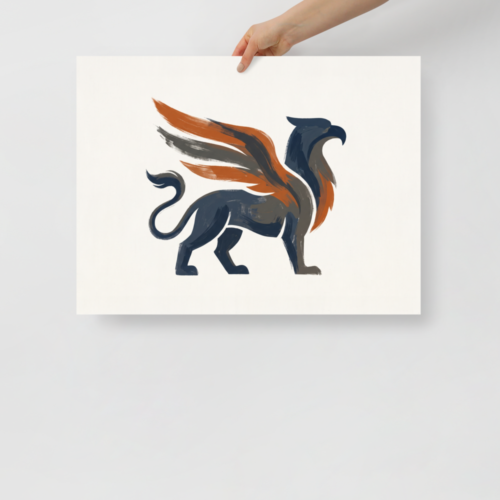 Minimalist modern painting of a majestic griffin with navy blue body and rust orange wings, ideal wall art for an office. A Modernism print in navy and orange, 'Guardian Griffin'.
