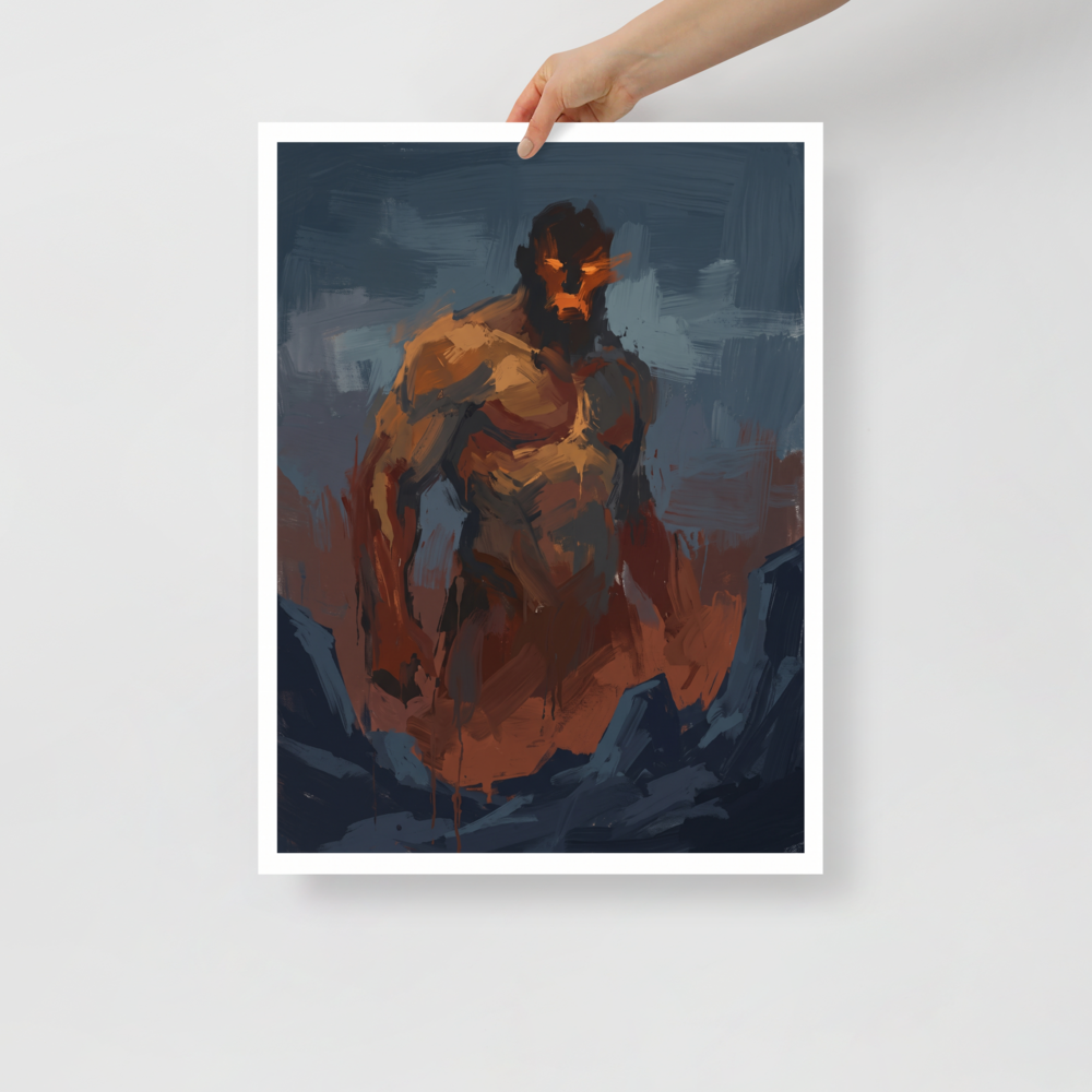 An expressionist painting of a massive, muscular giant with glowing orange eyes emerging from a dark blue rocky landscape, perfect for a striking man cave or den. A Expressionism art print titled 'The Fire Giant'.