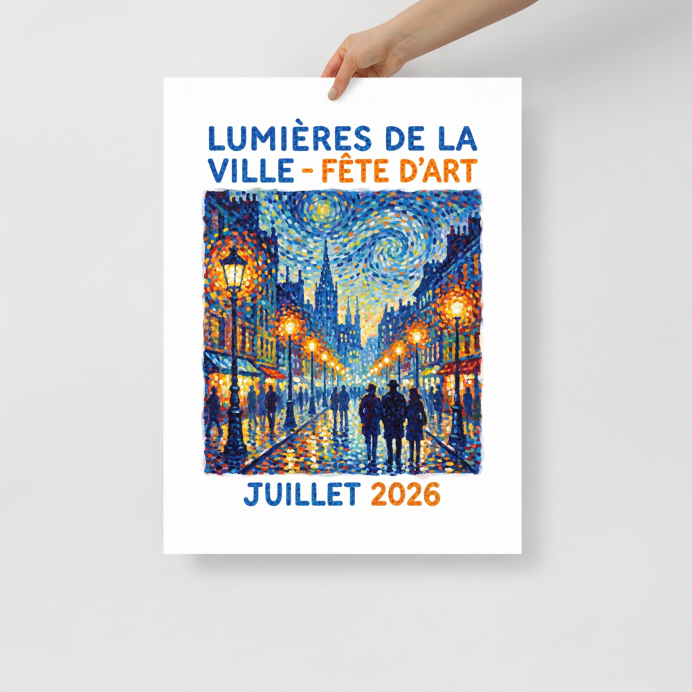Pointillism wall art, 'City Lights Art Festival Poster'. A Pointillist exhibition poster featuring glowing city streetlamps under a starry swirl sky in a Living Room.