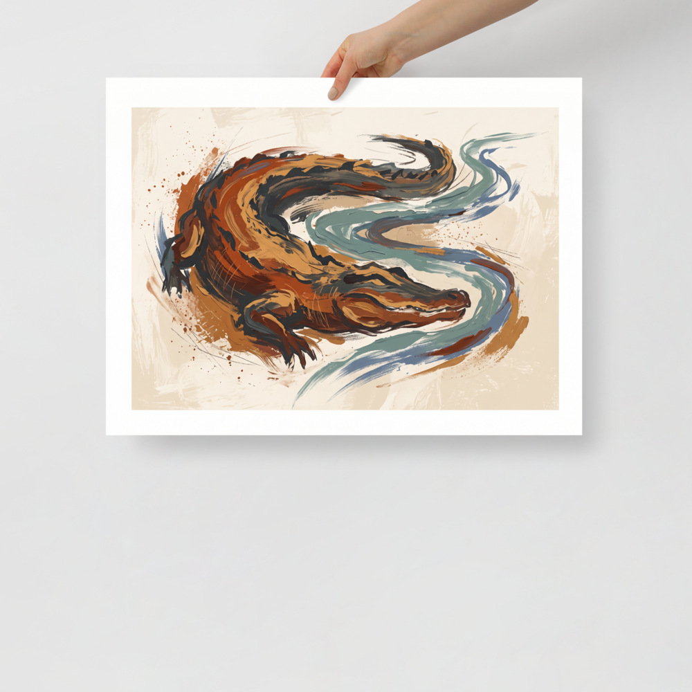 Expressionism wall art, 'The Primal Current'. An expressive painting of an alligator in earthy browns and oranges, surrounded by a winding blue river, perfect for an eclectic Living Room.