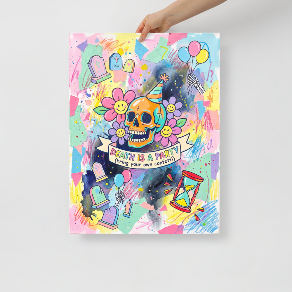 A colorful pastel painting featuring a grinning skull in a party hat surrounded by flowers and the text Death is a Party, making a bold conversation piece for a game room or living room. A lively / vibrant piece titled 'Death is a Party'.