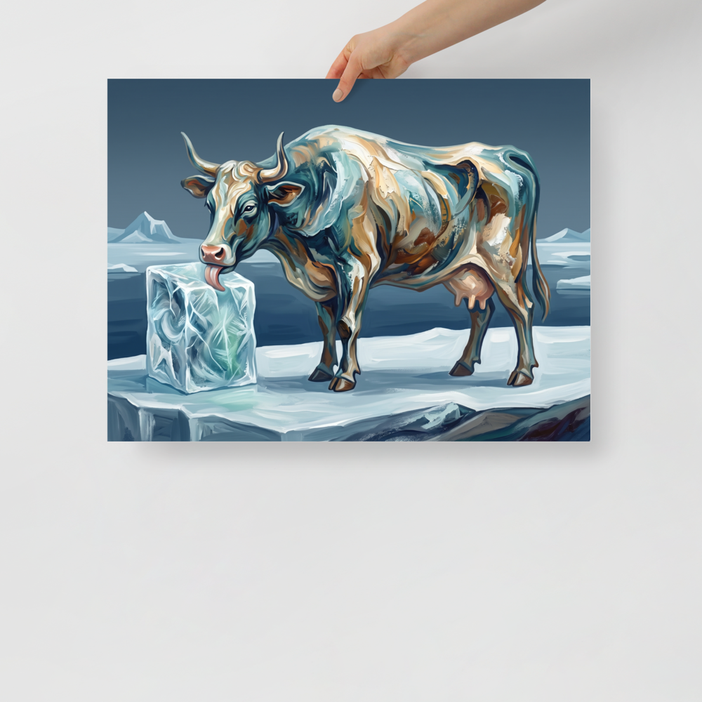 An impasto painting of the mythical Norse cow Audhumla licking a block of ice in a living room, rendered in slate blue and icy teal hues. A wonder / awe piece titled 'Primeval Audhumla'.