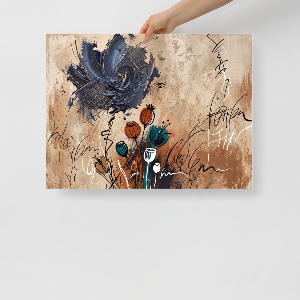 'Nocturnal Blossom', part of Meron's Dau-al-Set wall art. A dramatic navy impasto blossom and terracotta seed pods float among calligraphic lines on a textured tan background, creating an intriguing focal point for a living room.