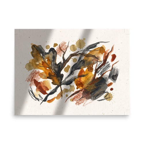 A calmness Dau-al-Set print, 'Autumnal Reverie'. An abstract botanical watercolor painting featuring layered autumn leaves, branches, golden ochre splatters, and textured charcoal scribbles on a warm beige background, perfect for a living room.
