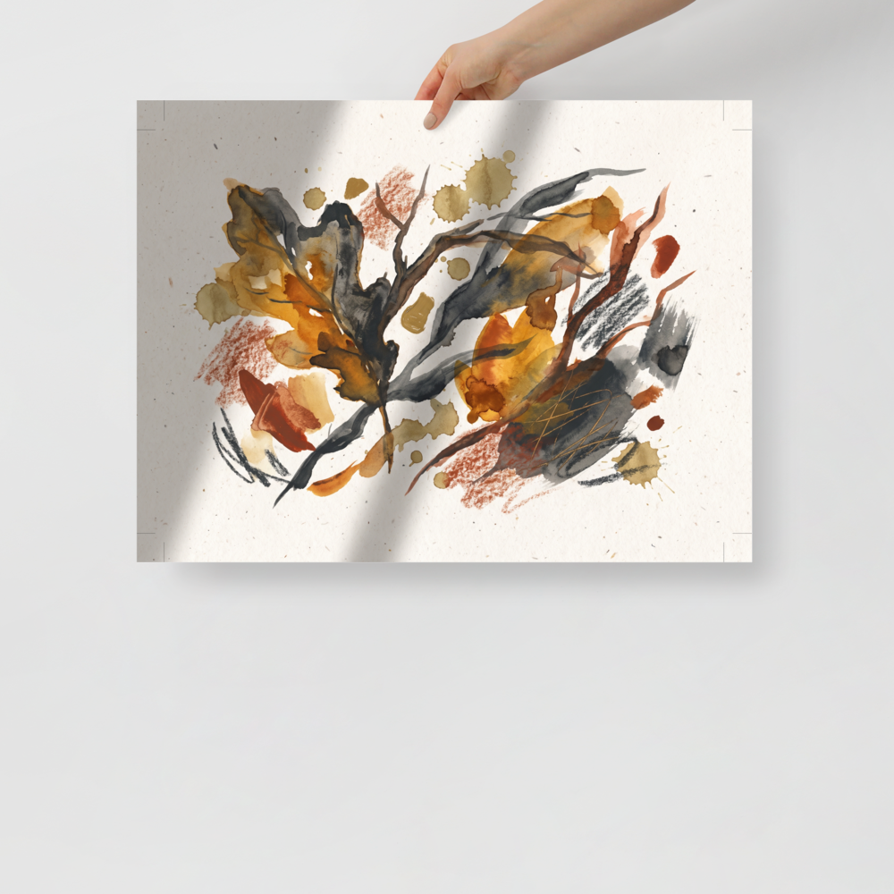 An abstract botanical watercolor painting featuring layered autumn leaves, branches, golden ochre splatters, and textured charcoal scribbles on a warm beige background, perfect for a living room. A Dau-al-Set print with a watercolor painting look, titled 'Autumnal Reverie'.