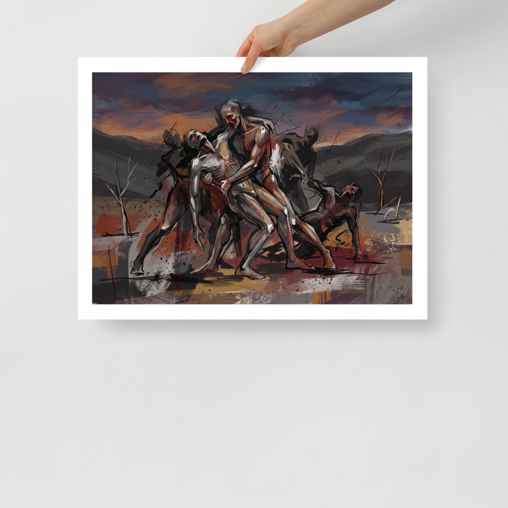 Expressionist painting of muscular mythic warriors carrying a fallen comrade across a twilight landscape, ideal for a living room wall. A Expressionism art print titled 'The Fallen Hero'.