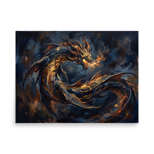 'Breath of Ember' by Meron. An abstract oil painting of a golden dragon breathing fire against a dark navy background, great for a bold Game Room. A Abstract expressionism wall art print.