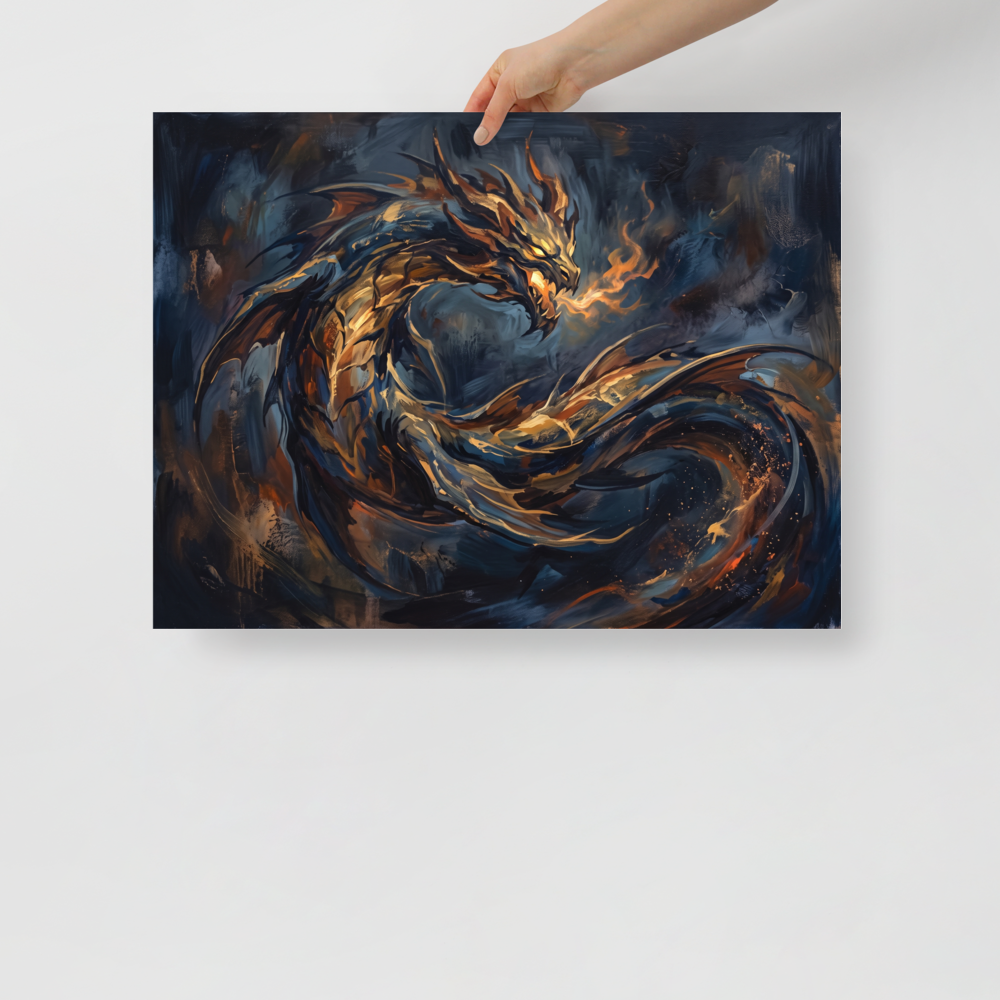 'Breath of Ember' by Meron. An abstract oil painting of a golden dragon breathing fire against a dark navy background, great for a bold Game Room. A Abstract expressionism wall art print.
