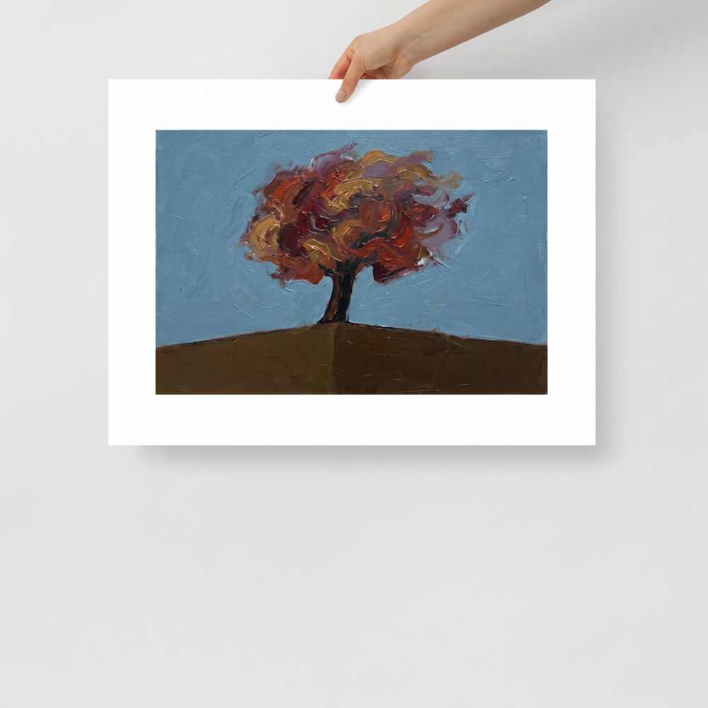 'The Lone Autumn', Expressionism wall art in red and brown. A thick impasto oil painting of a solitary tree with red and gold autumn leaves on a brown hill against a pale blue sky, perfect for a cozy Living Room or Bedroom.