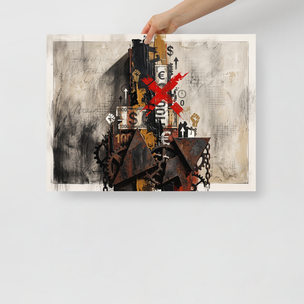 An industrial mixed-media collage featuring rusted gears, currency fragments, raised fist symbols, and a bold red X, making a striking focal point for a modern office or studio. 'The Currency of Protest', a Dau-al-Set print for the wall.