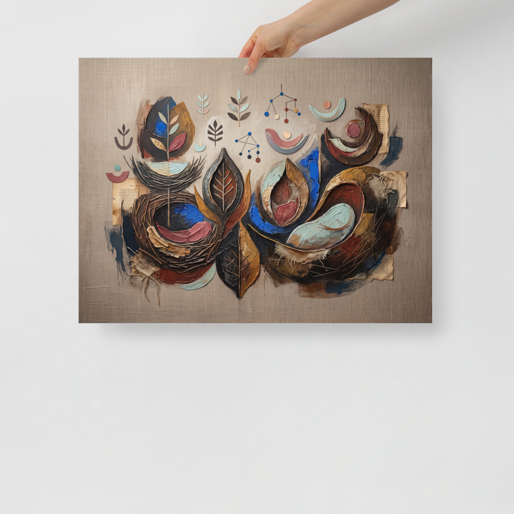 The Abstract art print 'Organic Cadence and Leaf'. An abstract composition featuring organic leaf shapes, impasto textures, and delicate geometric elements in earthy tones, ideal for a serene dining room or living room.