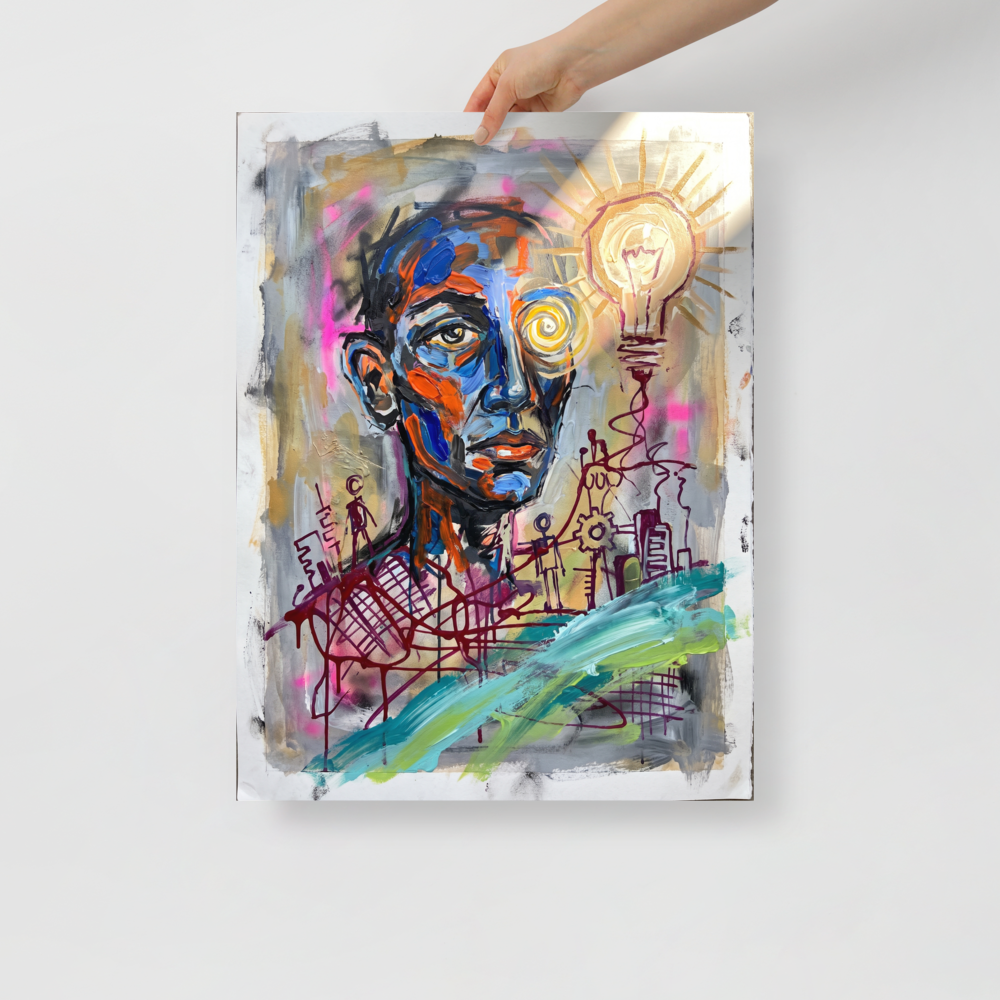 Wall art print 'Spark of Consciousness' in a Neo-expressionism style. An expressive portrait with blue and orange facial brushwork, a spiral eye, and a glowing lightbulb of inspiration, bringing visionary energy to an office or studio.