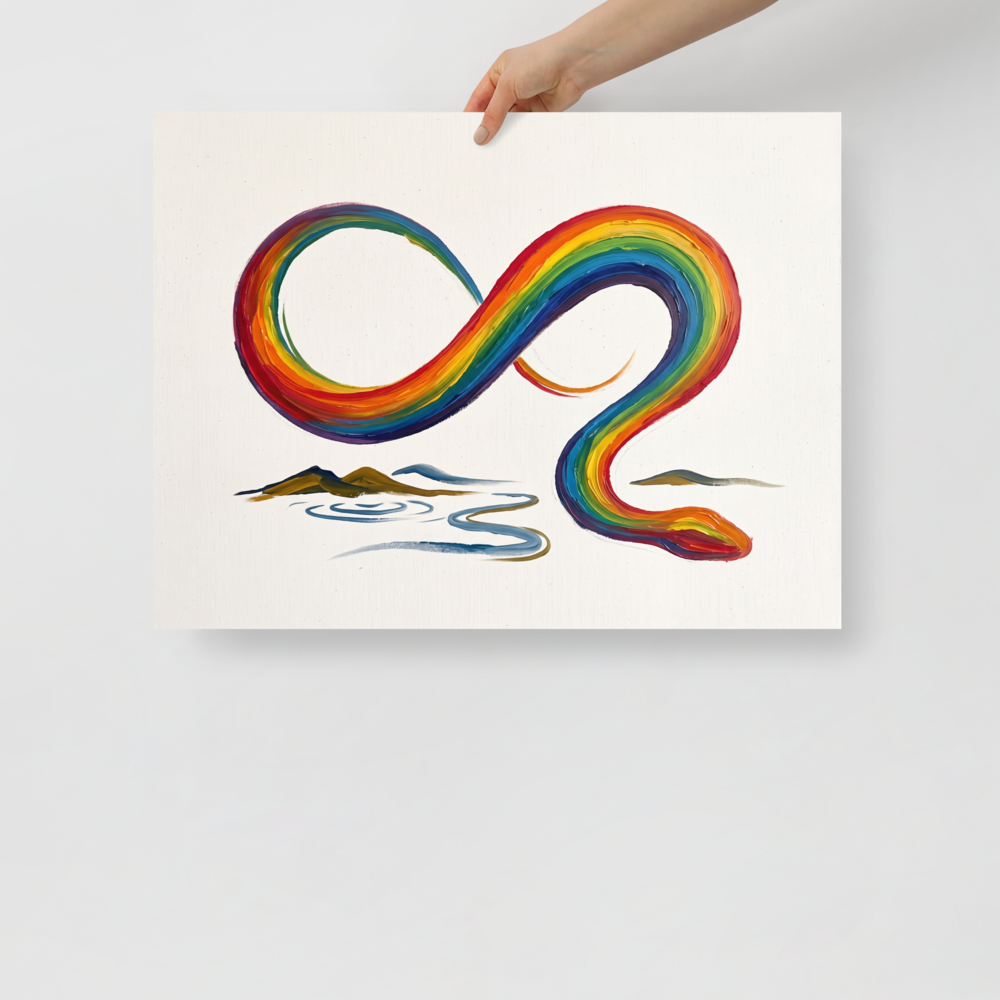Expressionism wall art for the living room, 'Eternal Rainbow Serpent'. Vibrant impasto painting of a rainbow serpent forming an infinity loop above a river, ideal wall art for a living room.