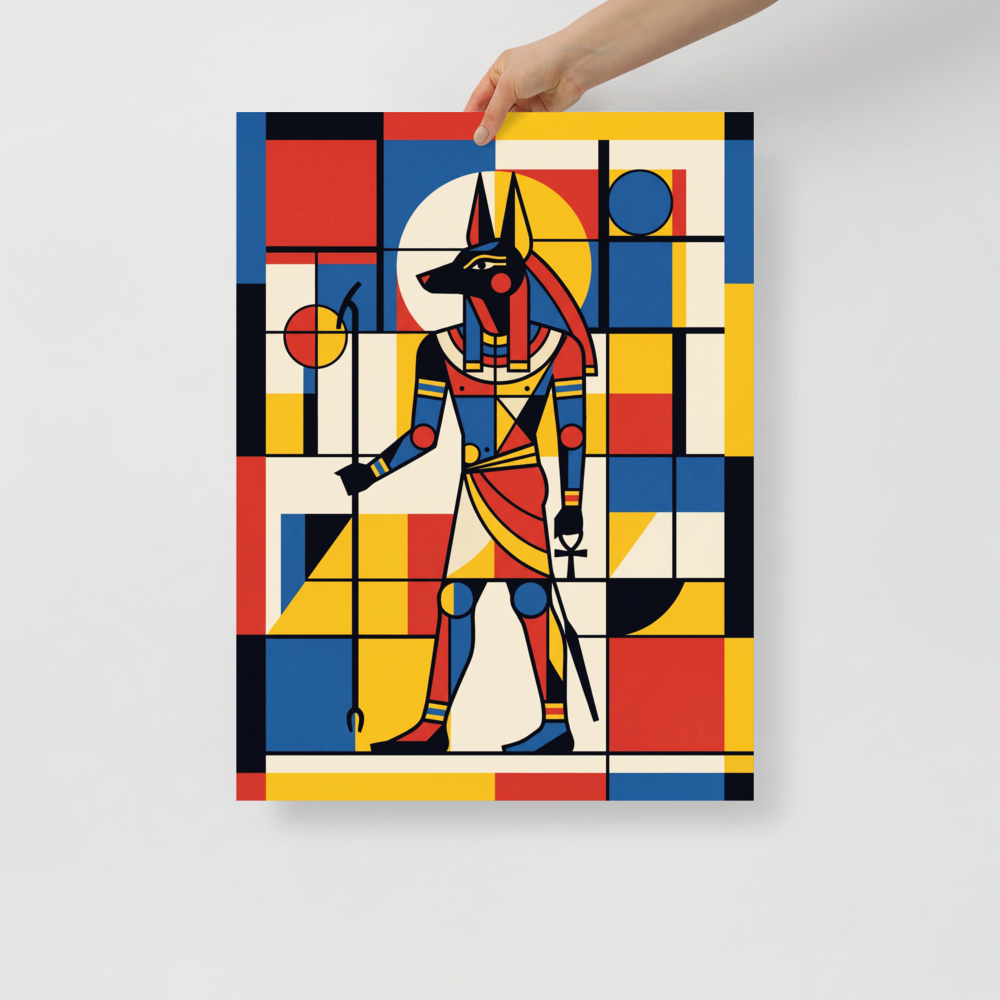 Fine art print 'Mondrian's Anubis' in a De Stijl (also known as Neoplasticism) style. A Mondrian-style geometric artwork of the Egyptian god Anubis in primary red, blue, and yellow colors in an Office wall decor setting.