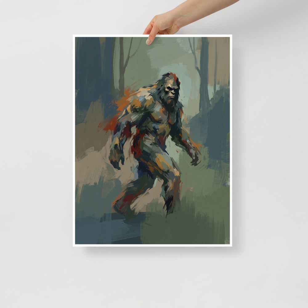 Painterly depiction of Bigfoot walking through a misty forest, ideal for a cabin wall. A Expressionism art print titled 'Forest Wanderer'.