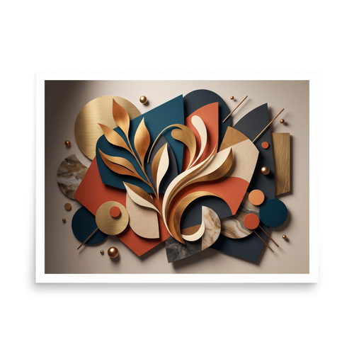 Wall art print 'Botanical Relief in Gold and Teal' in a Geometric abstract art style. An elegant 3D paper cut collage featuring golden botanical leaves layered over geometric teal and terracotta shapes, ideal for a modern bedroom or living room.