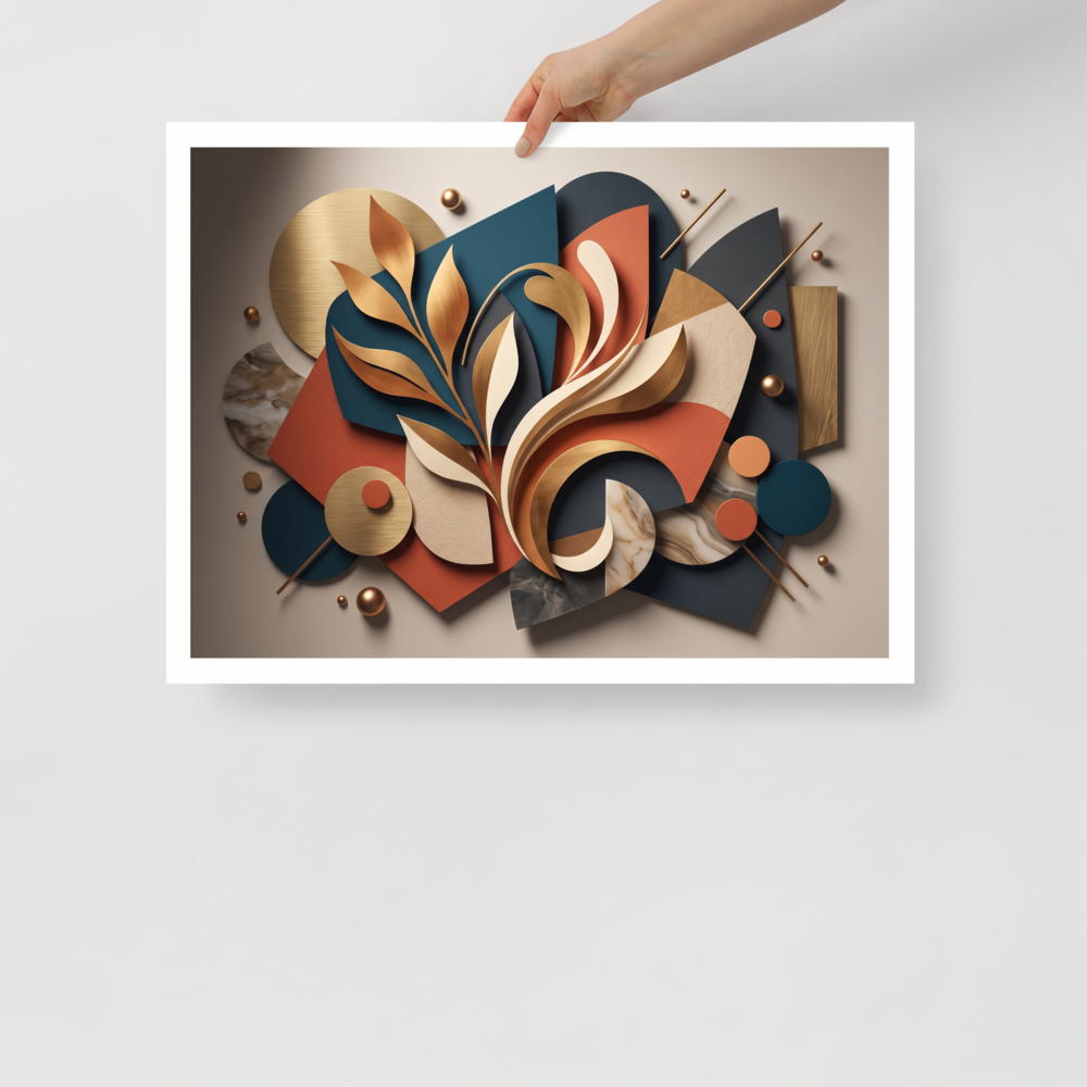 The Geometric abstract art print 'Botanical Relief in Gold and Teal'. An elegant 3D paper cut collage featuring golden botanical leaves layered over geometric teal and terracotta shapes, ideal for a modern bedroom or living room.