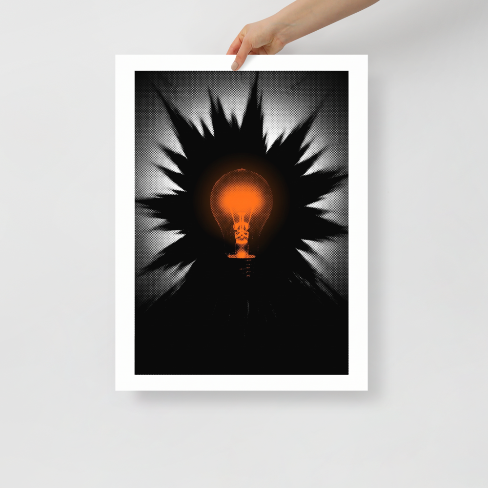 Pop art wall art for the office, 'Spark of Innovation'. A graphic halftone print of a glowing orange lightbulb surrounded by starburst rays in a modern studio.
