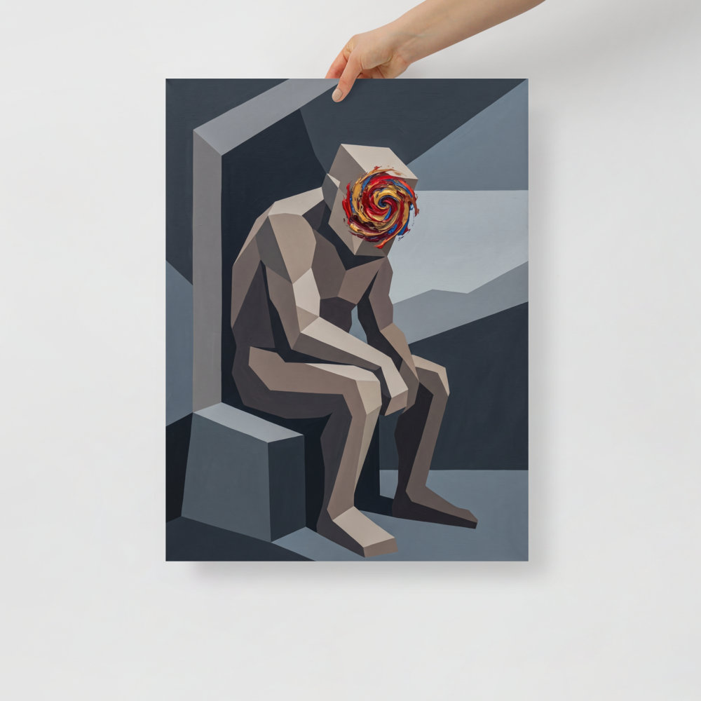 A cubist painting of a seated geometric figure with a swirling red and blue vortex face in a boardroom wall art layout. A Cubism print in slate gray and crimson, 'Vortex of Thought'.