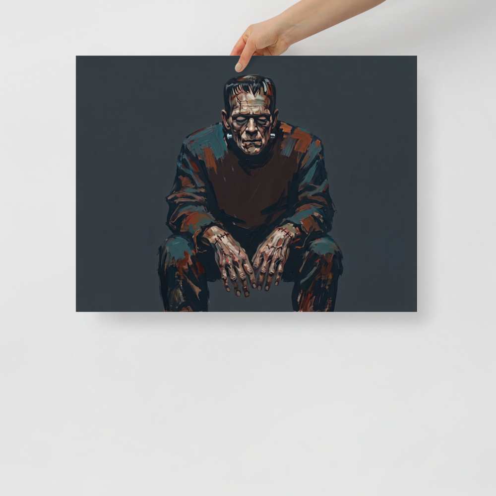 A somber painting of Frankenstein's monster sitting bowed with stitched hands in a dark den wall art setting. A Expressionism print in dark slate gray and saddle brown, 'Frankenstein's Solitude'.
