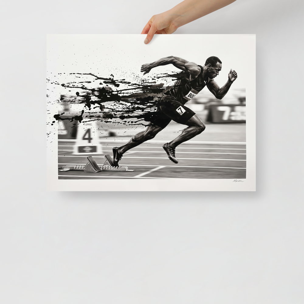 The Realism print 'Explosion off the Blocks'. A monochrome black and white artwork of a sprinter exploding off starting blocks, perfect as gym wall art.