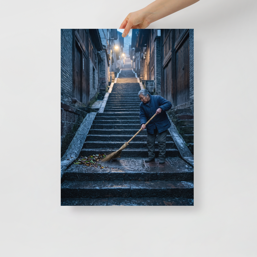 'Dawn on the Steps', part of Meron's Art photography wall art. An elderly woman sweeps stone stairs in a quiet atmospheric alleyway, bringing a sense of peaceful contemplation suited for a hallway.