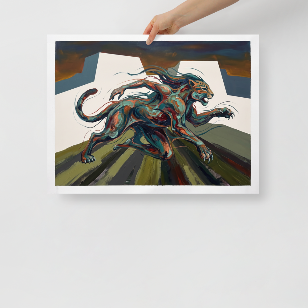 Expressionism wall art for the office, 'Jaguar Spirit Bounds'. Dynamic painting of a Mesoamerican jaguar spirit sprinting past stepped pyramids in teal and copper tones for an office wall.
