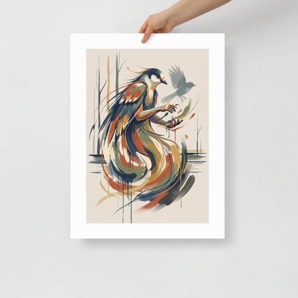 'Song of the Gamayun', Art Nouveau wall art in sienna and dark sea green. Graphic stylized illustration of the mythical Gamayun bird woman, ideal for a bedroom wall.