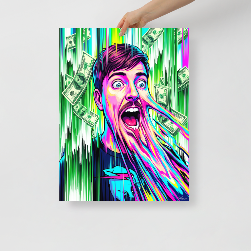 A glitch art portrait of YouTuber MrBeast with melting facial features and falling hundred dollar bills, perfect for adding vibrant energy to a Game Room. Available as the Glitch art art print 'Viral Melt: MrBeast'.
