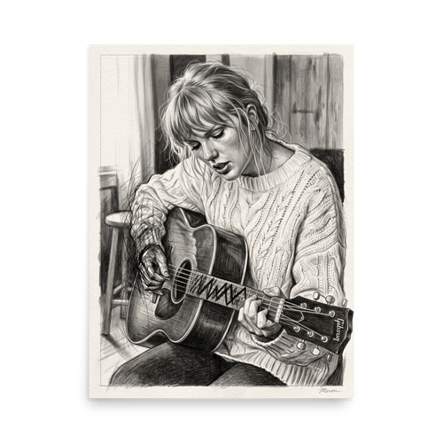 The Realism print 'Acoustic Reverie'. A detailed black and white pencil sketch of Taylor Swift playing an acoustic guitar in a cozy cable-knit sweater, ideal wall art for a calm bedroom.