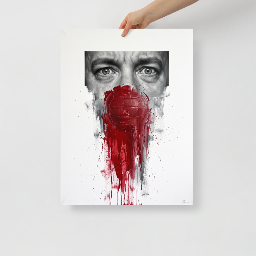 'Silent Companion', Realism wall art in red and black. Monochrome realism portrait of Tom Hanks eyes framed above the iconic bloody Wilson volleyball from Cast Away, ideal for Home Theater / Cinema wall art.