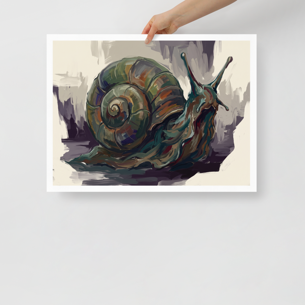 Expressionism wall art, 'The Primordial Snail'. An expressive painting of a giant ancient snail with a spiraled shell in a library, rendered in moss green and deep plum tones.