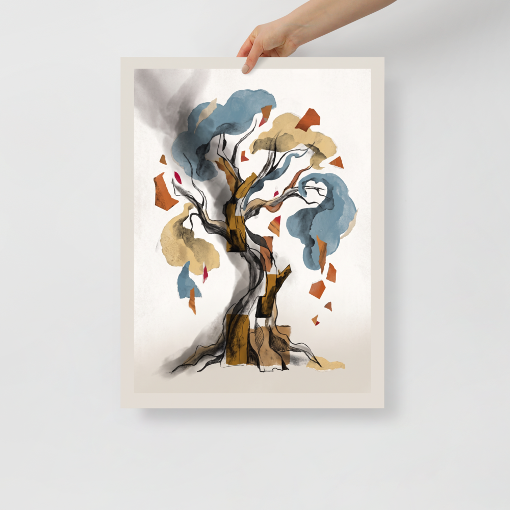 An abstract watercolor and collage artwork depicting an ancient tree with a twisting charcoal trunk, soft blue and ochre foliage clouds, and floating terracotta paper cutouts, perfect for a living room. Shown here as the Dau-al-Set print 'Tree of Fragments'.