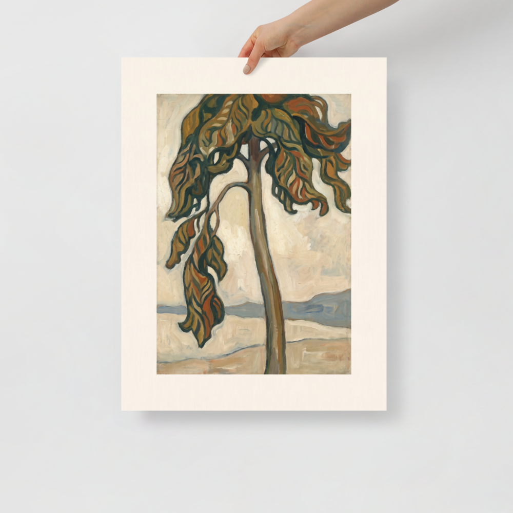 'Solitary Pine by the Shore', a Les Nabis wall art print. Stylized pine tree with cascading brown and green foliage standing against a soft sky, ideal for Bedroom decor.