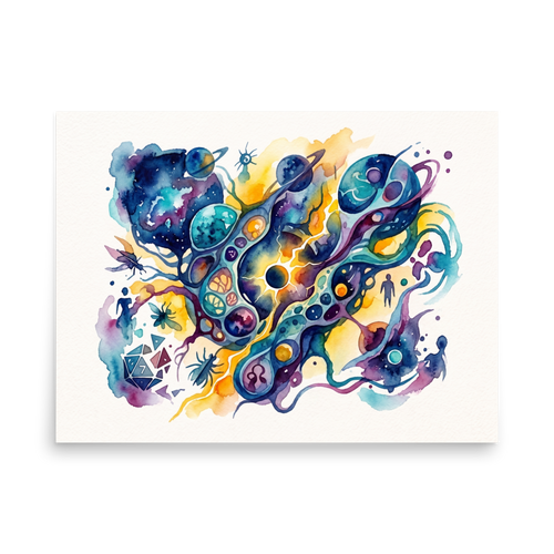 A vibrant watercolor painting of cosmic orbits, cellular shapes, and a polyhedral die, creating captivating wall art for a game room or study. A Dau-al-Set print in purple and yellow, 'Cosmic Nexus'.