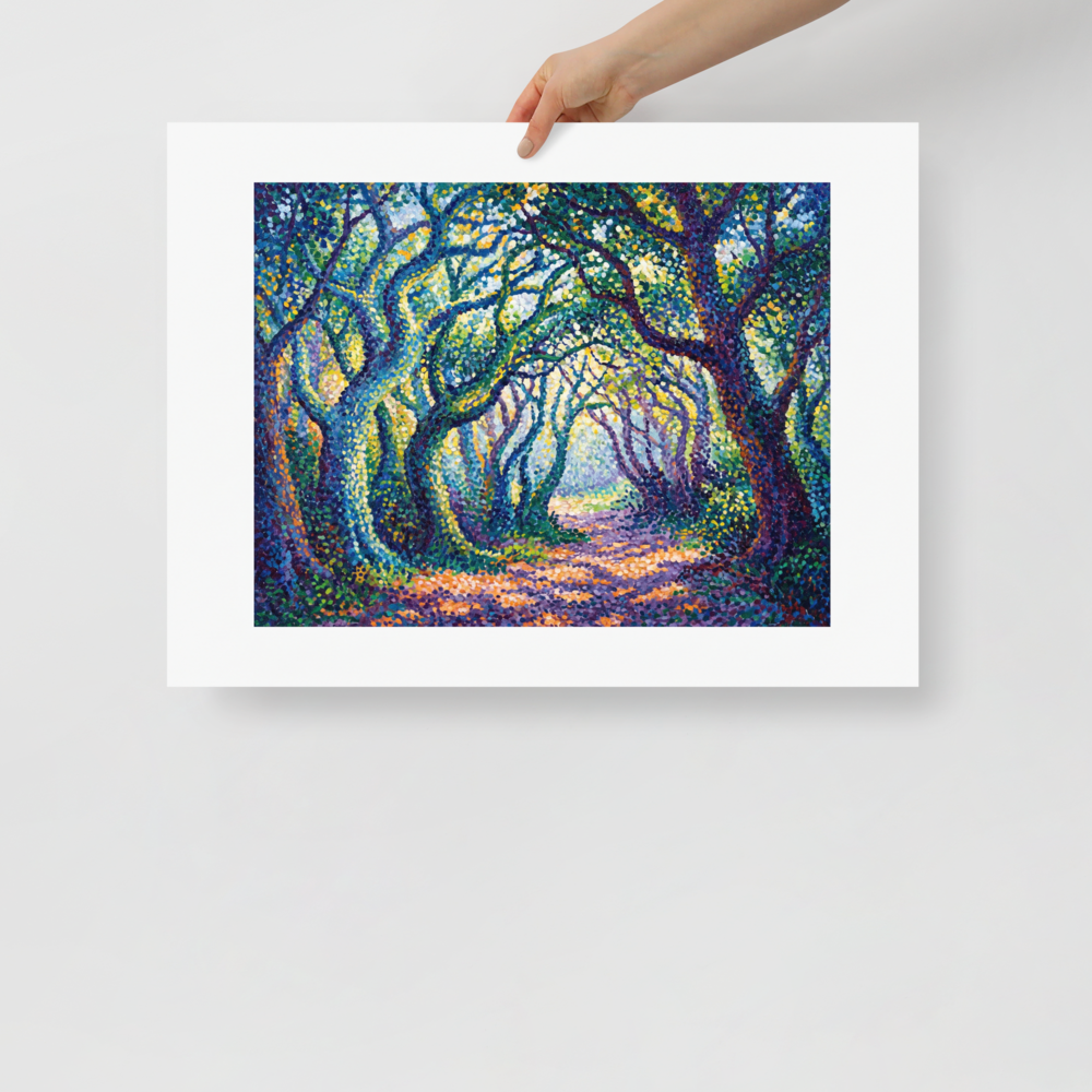 A Pointillist woodland painting of gnarled trees forming a canopy over a sun-dappled forest path in a Library. A Pointillism print in teal and indigo, 'The Enchanted Forest Path'.
