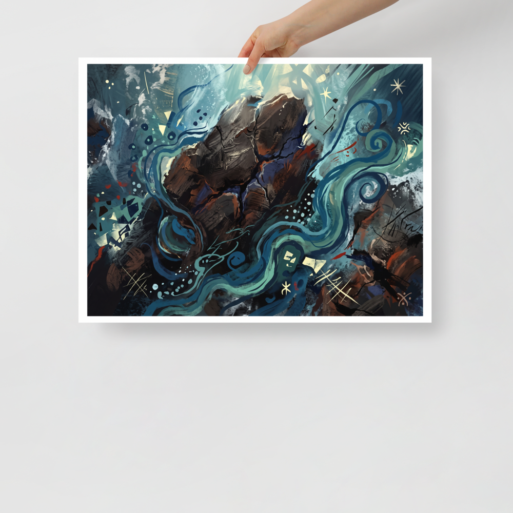 'Eternal Currents', Abstract expressionism wall art in turquoise and dark blue. An expressive semi-abstract painting of a dark rocky boulder surrounded by flowing turquoise currents and glowing symbols, ideal for a serene Bedroom or Living Room.