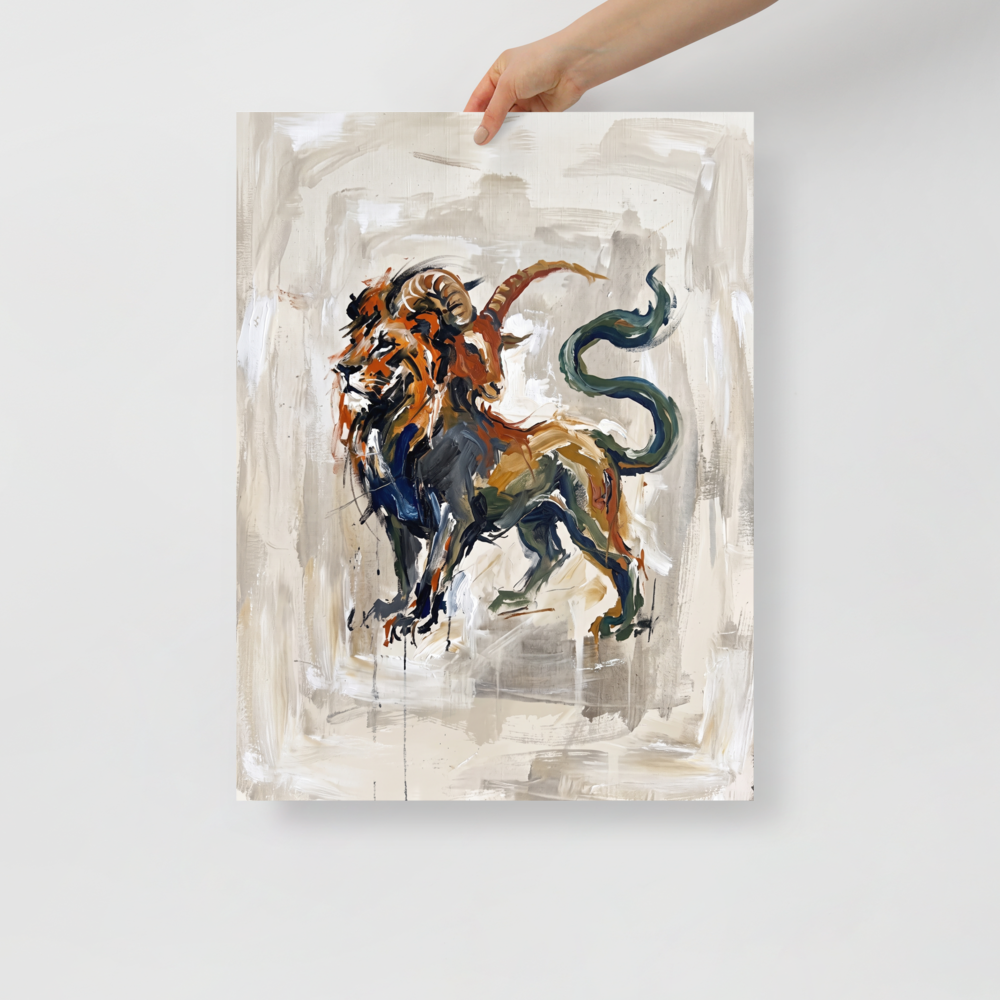 An expressive painting of the mythological Chimera, featuring a lion, goat, and serpent tail in earthy tones on a beige canvas, ideal for a striking living room display. A lively / vibrant piece titled 'The Chimera'.