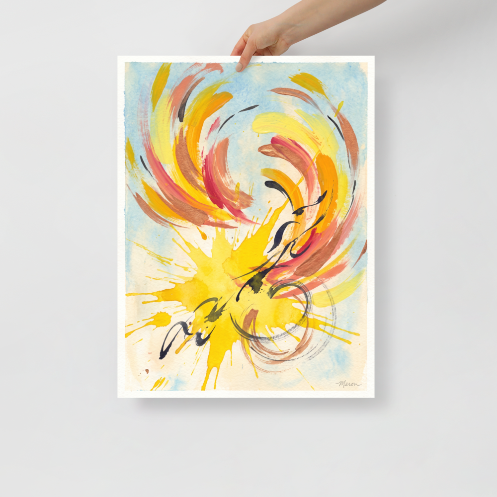 Vibrant yellow, coral, and sky blue abstract watercolor splash styled on a sunroom wall. A Abstract expressionism print in yellow and light blue, 'Solstice Flight'.