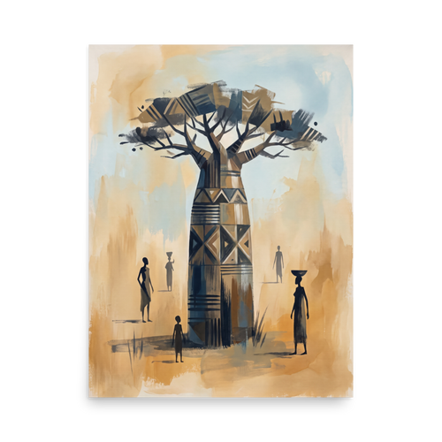 Wall art print 'Baobab of Ancestral Wisdom' in a Figurative art style. A painting of a majestic baobab tree adorned with traditional African geometric patterns surrounded by silhouetted figures, bringing warmth to a living room or study.