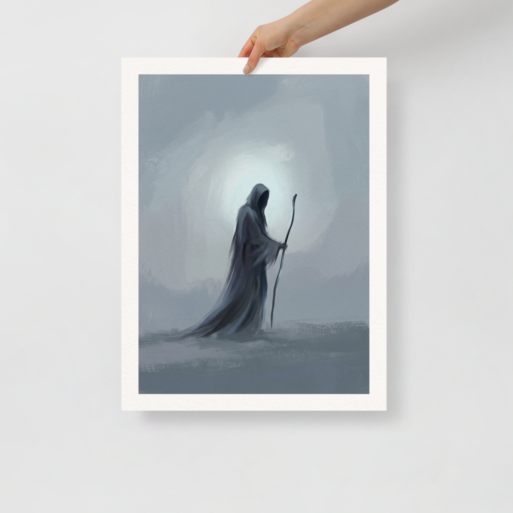 The Symbolism print 'The Solitary Wanderer'. A minimalist painting of a cloaked wanderer with a staff in a misty office wall art setting.