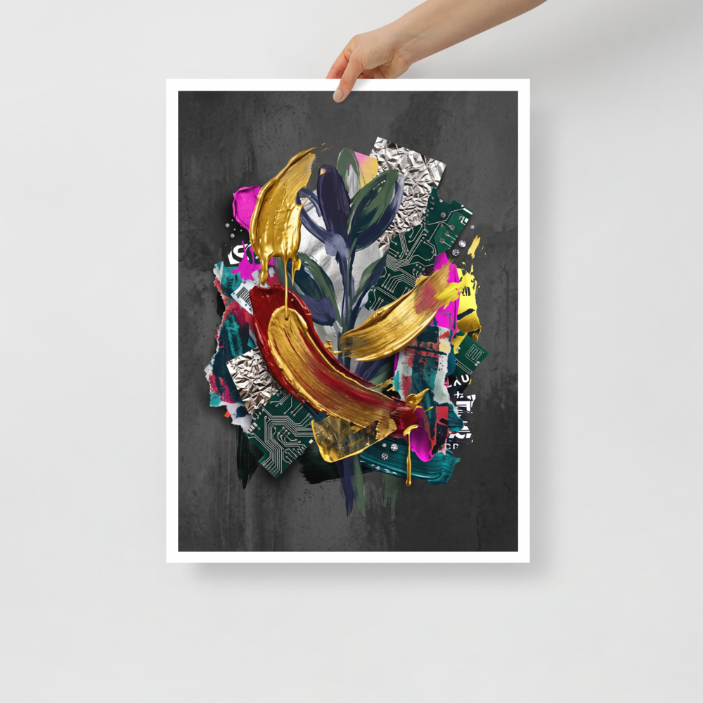 Wall art print 'Digital Alchemy' in a Assemblage style. A vibrant mixed-media collage combining botanical elements, circuit boards, and dripping metallic gold paint, creating a dramatic statement for a modern Studio or Living Room.