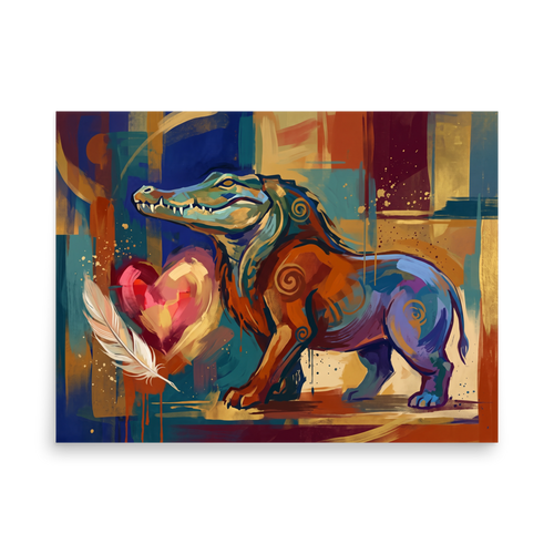 Wall art print 'Ammit and the Feather' in a Cubism style. A colorful expressionist painting of the Egyptian chimera Ammit with a heart and feather in a living room.