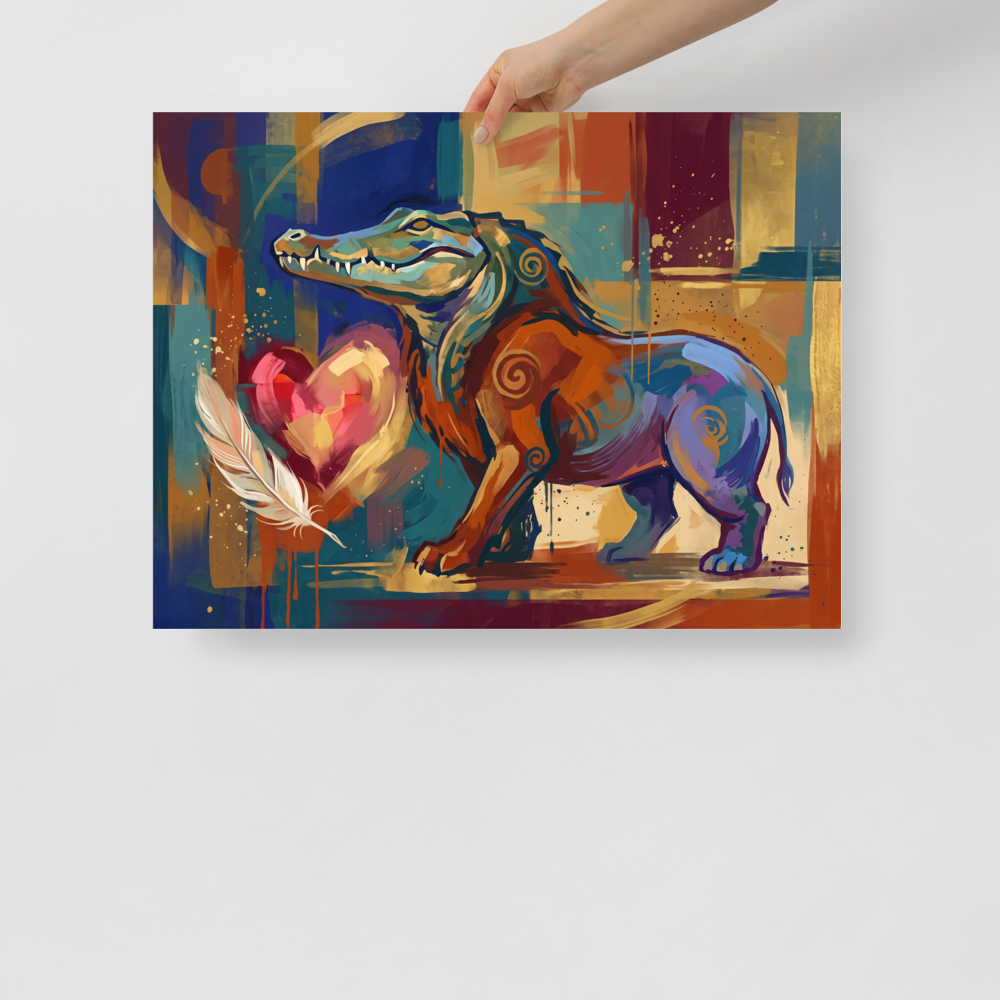 The Cubism print 'Ammit and the Feather'. A colorful expressionist painting of the Egyptian chimera Ammit with a heart and feather in a living room.