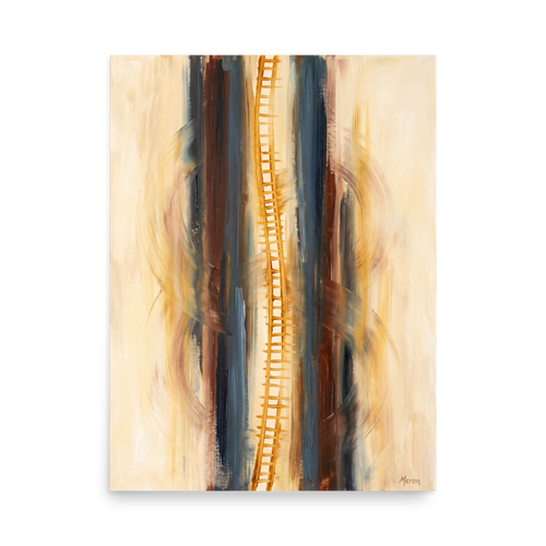 Wall art print 'Ascension in C Minor' in a Abstract art style. A golden ladder painterly motif centered between slate blue and brown vertical strokes with curved cello arcs in a hallway wall art piece.