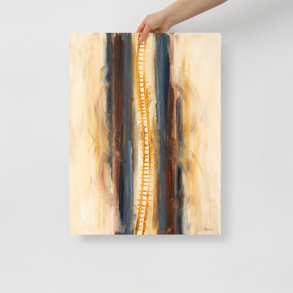 Abstract art wall art exploring music, 'Ascension in C Minor'. A golden ladder painterly motif centered between slate blue and brown vertical strokes with curved cello arcs in a hallway wall art piece.