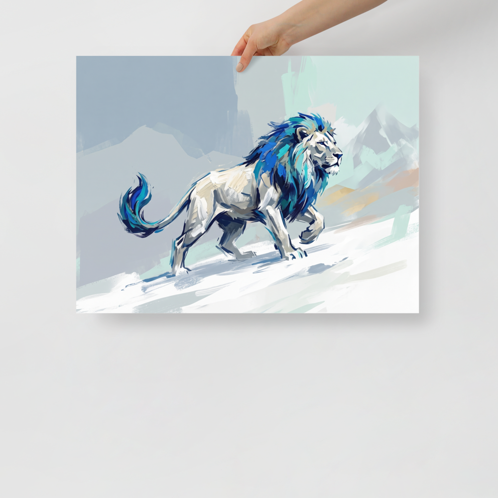 Fine art print 'Frost Guardian Lion' in a Expressionism style. Modern painting of a mythical silver lion with a glowing blue mane on a snowy mountain ridge for an office or living room wall.