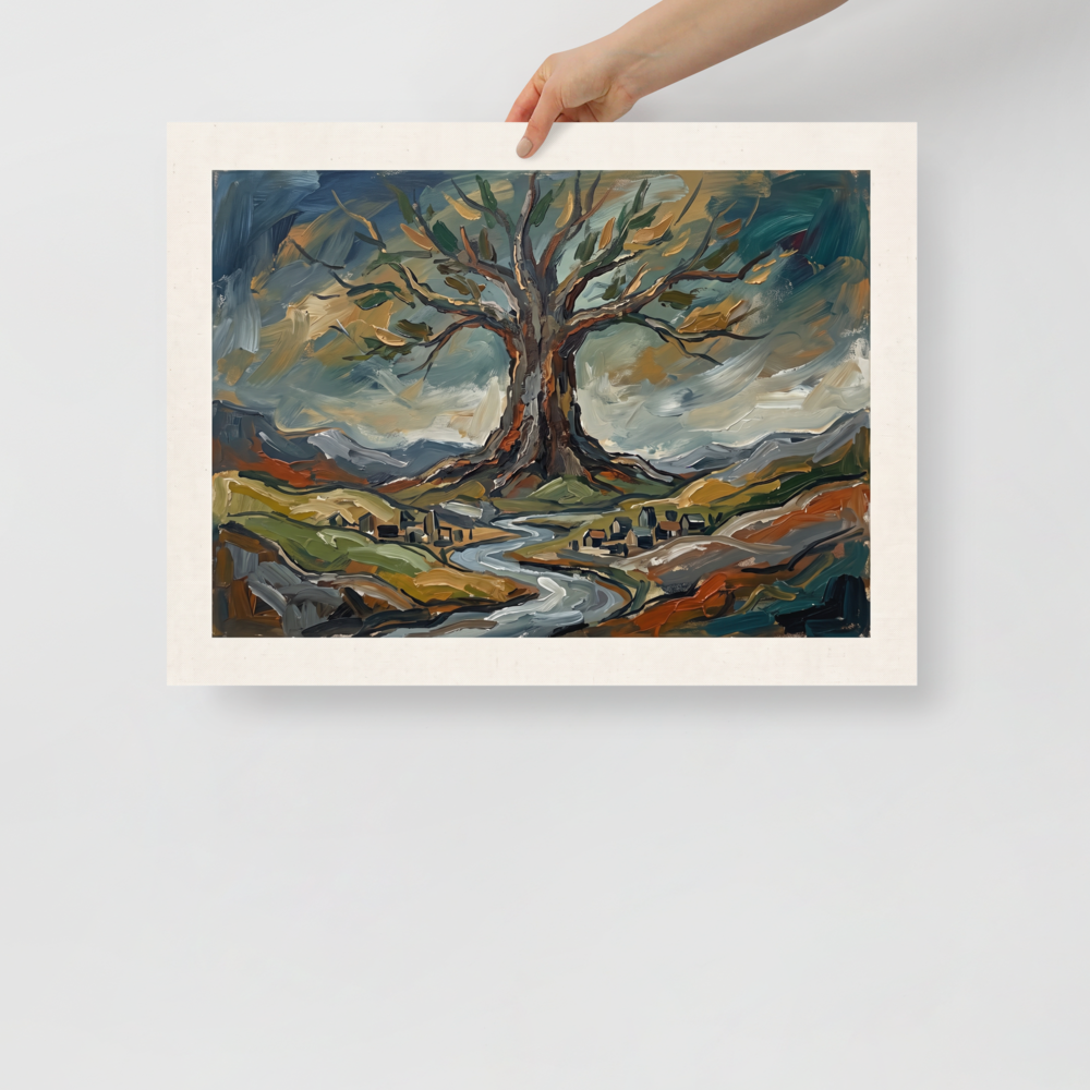 'Roots of Yggdrasil' by Meron. Earthy impasto landscape painting of the sacred Yggdrasil World Tree over a winding river, ideal wall art for a living room. A Expressionism wall art print.