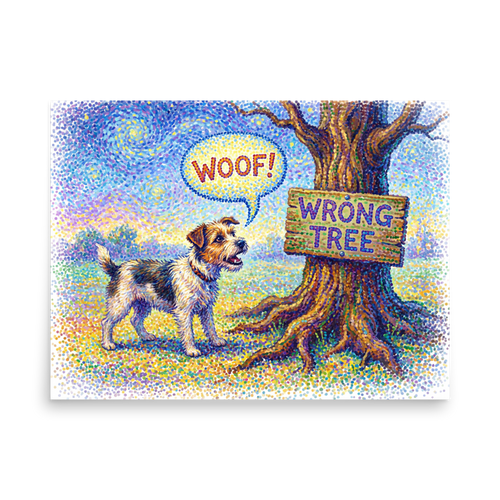 A humorous pointillist painting of a dog barking at a tree with a sign that says 'WRONG TREE', perfect for a playful Game Room or Playroom. A Pointillism print with a oil painting look, titled 'Barking Up the Wrong Tree'.